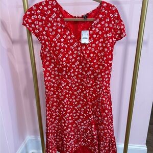 J.Crew Red Floral Wrap Dress Size 14 NWT Short Sleeve Ruffle Hem Summer Wedding
